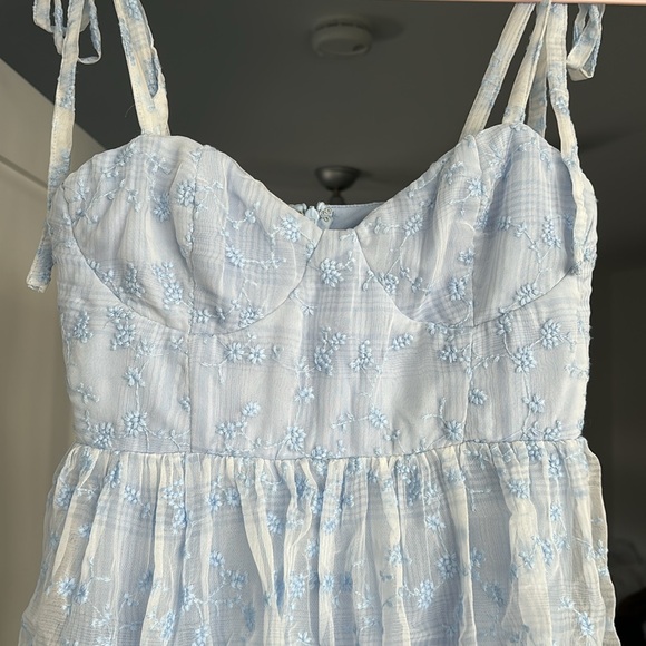 Lulus NWT Vineyard Visit Blue Embroidered Tie-Strap Tiered Midi Dress - Picture 2 of 14